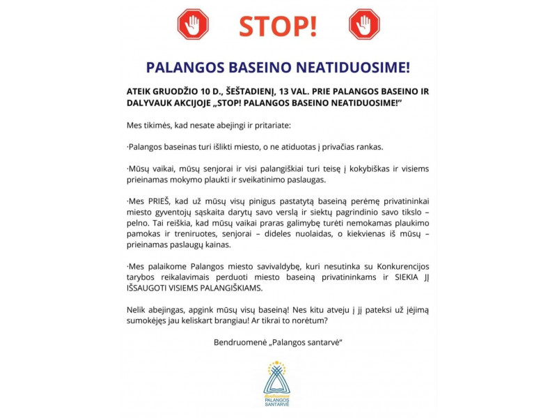 Bendruomenė „Palangos santarvė“ kviečia į akciją „STOP! PALANGOS BASEINO NEATIDUOSIME! 