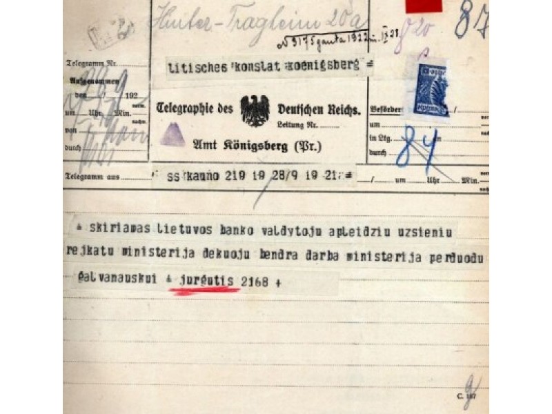 V. Jurgučio telegrama, kuria jis praneša apie jo paskyrimą Lietuvos banko valdytoju 1922 rugsėjo 28 d.