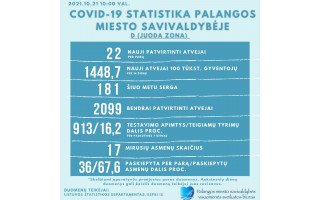COVID-19 Palangoje ketvirtadienį: 22 nauji atvejai, 181 serga, nuo pandemijos pradžios susirgo 2099 palangiškiai