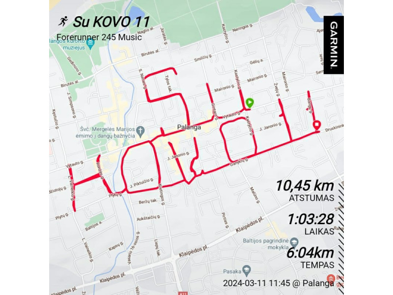Miesto gatvėmis nubėgęs 10 km 450 metrų, kuklus palangiškis verslininkas pasidovanojo ypatingą Kovo 11-ąją – šventinės datos raižinį Palangos žemėlapy
