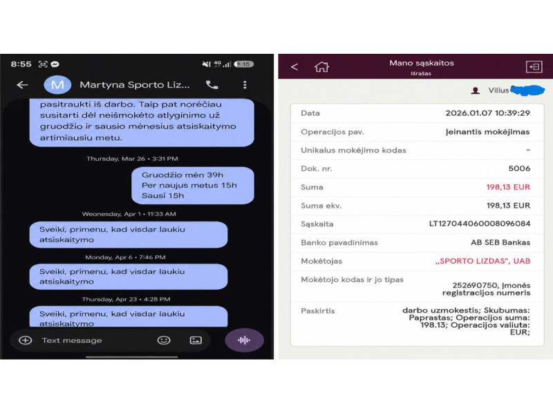 Foto montažas iš Viliaus V. redakcijai atsiųstų SMS ir bankinio pavedimo fiksacijų