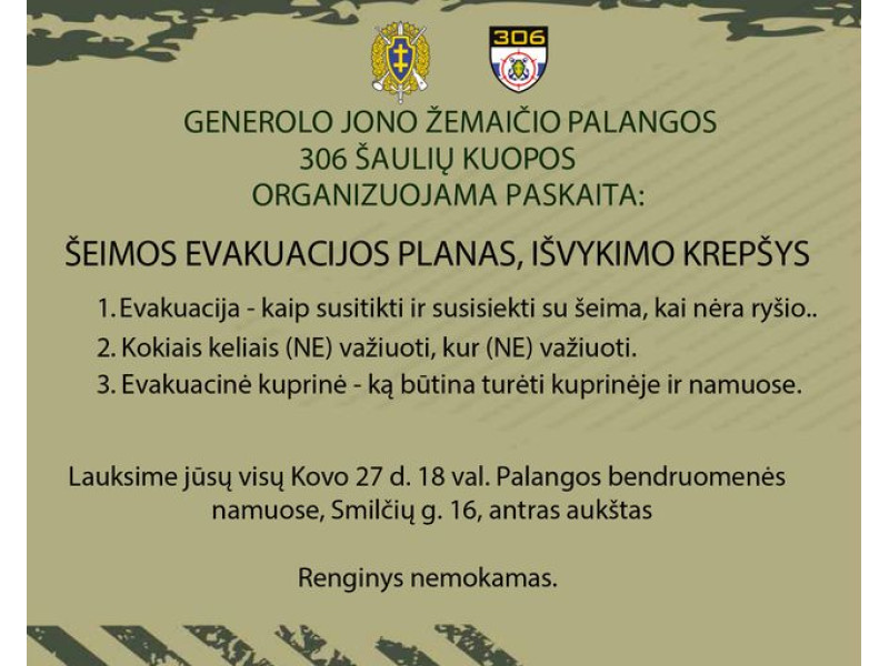 Kovo 27 d. Bendruomenės namuose – nemokama paskaita „Šeimos evakuacijos planas, išvykimo krepšys“