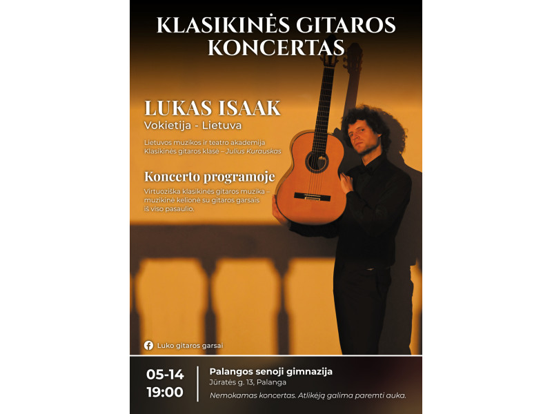 Gitaristas Lukas Isaak kviečia į nemokamą koncertą Palangos senojoje gimnazijoje