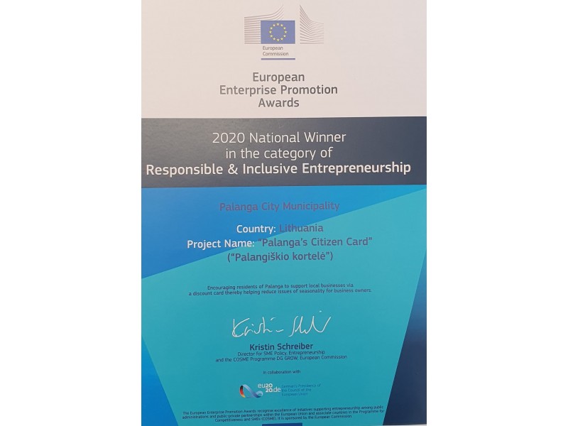 Palangai - Europos komisijos apdovanojimas už "Palangiškio kortelę"