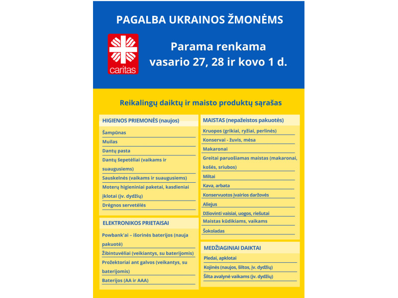 Startuoja 5-oji Caritas paramos Ukrainai akcija: 3 dienas 30 savivaldybių rinks daiktus ir maistą 