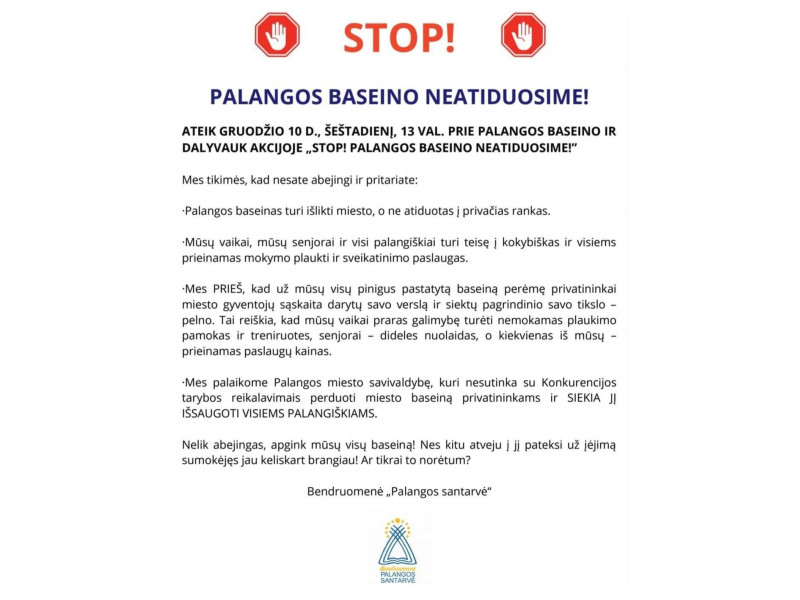 Palangiškiai kviečiami rytoj, gruodžio 10 dieną, dalyvauti akcijoje prie baseino: "Stop! Palangos baseino neatiduosime"