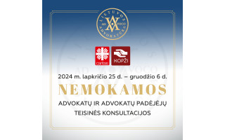 Dvi savaites Lietuvos advokatai dovanos nemokamas konsultacijas besikreipiantiems į Caritas ir KOPŽI