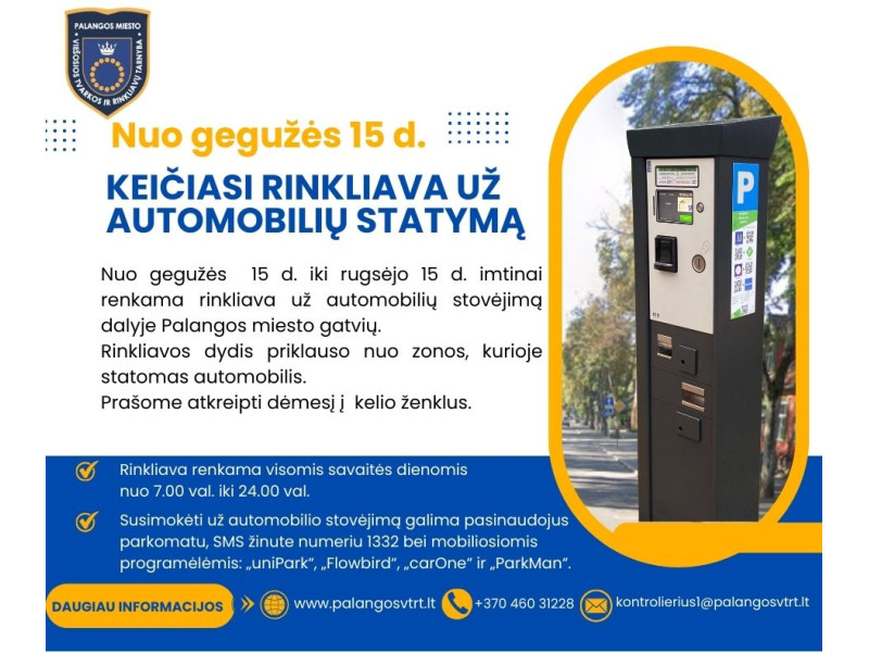 Nuo gegužės 15 dienos keičiasi rinkliava už automobilių statymą