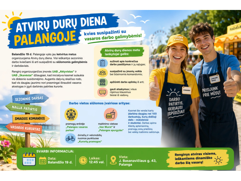 Atvirų durų diena Palangoje kvies susipažinti su vasaros darbo galimybėmis