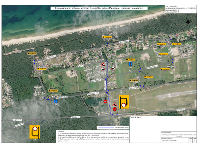 Eismo ribojimo schema, taikoma vykdant Kunigiškių gatvės Palangoje rekonstravimo darbus, nuo lapkričio 21 d. iki lapkričio 27 d.