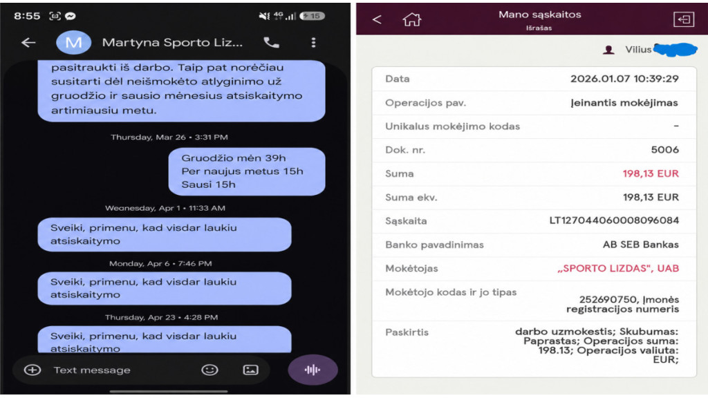 Foto montažas iš Viliaus V. redakcijai atsiųstų SMS ir bankinio pavedimo fiksacijų