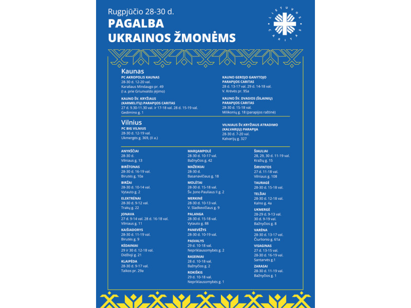 Caritas skelbia 6-ąją paramos Ukrainai kampaniją 30-yje Lietuvos miestelių ir miestų