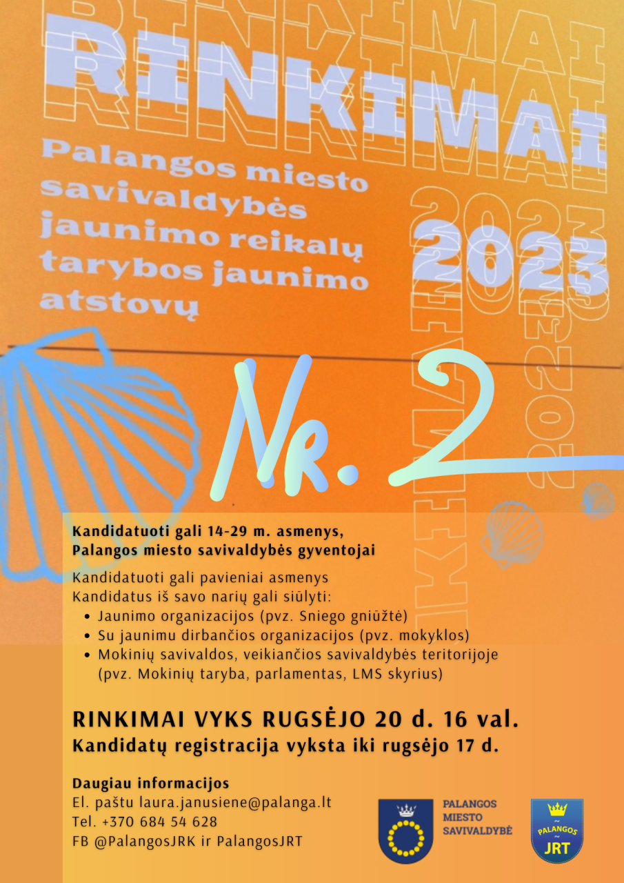 Jaunimo atstovų į Palangos miesto savivaldybės Jaunimo reikalų tarybą rinkimai (dėl laisvos vietos) vyks rugsėjo 20 d.