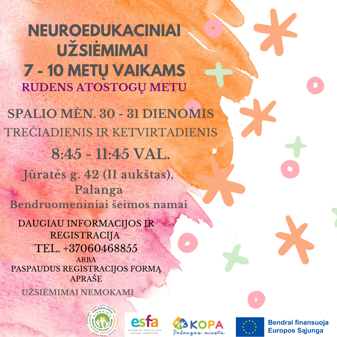 Rudens atostogų metu kviečiame vaikus (7-10 metų) dalyvauti neuroedukaciniuose užsiėmimuose