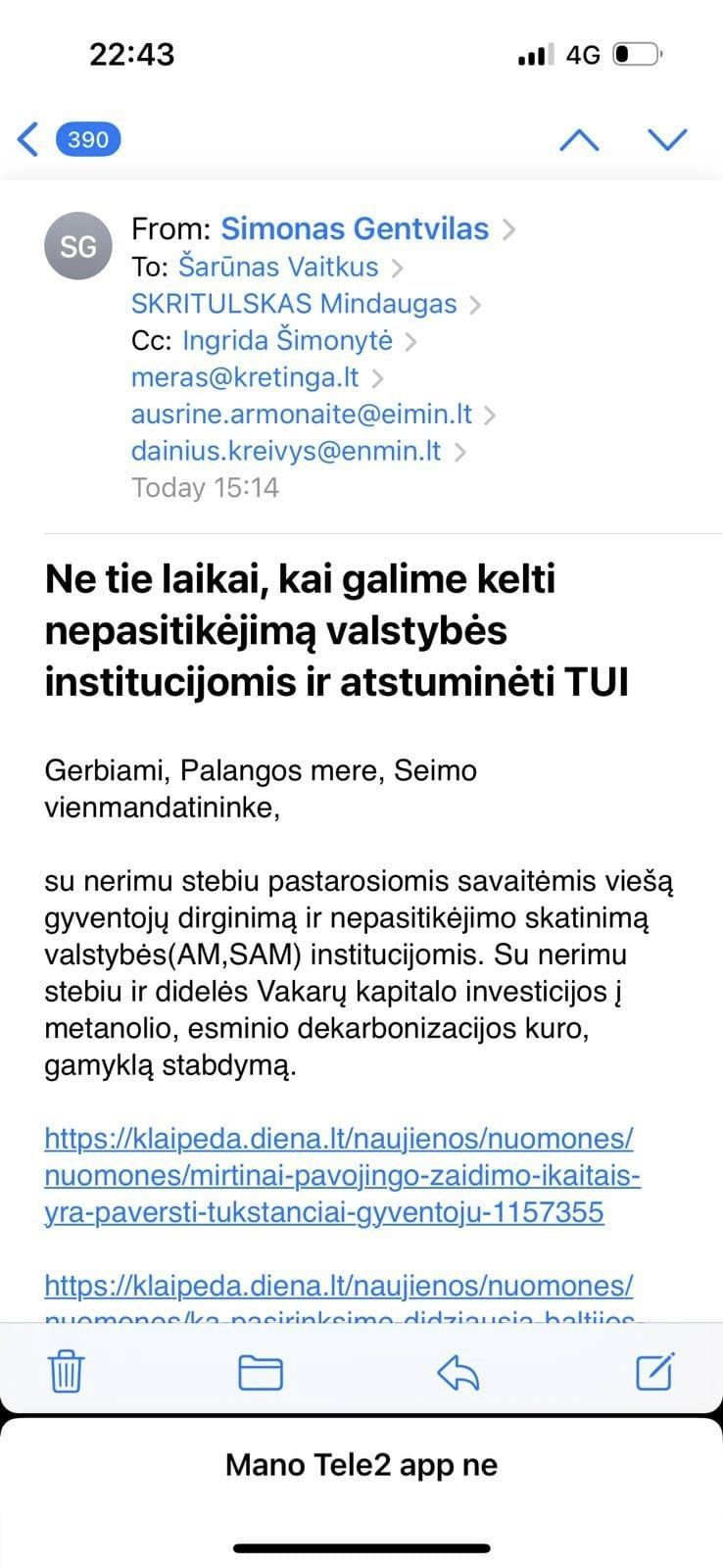 Ministras Simonas Gentvilas pasiskundė Premjerei Ingridai Šimonytei: „Su nerimu stebiu Vakarų kapitalo į metanolio gamyklos Kretingos rajone statybų stabdymą“