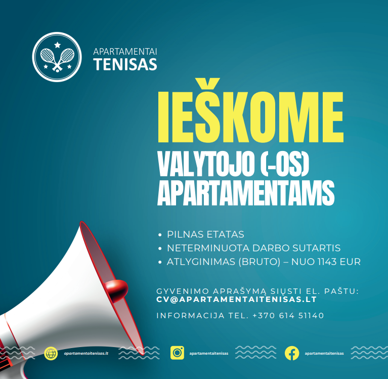 Ieškome valytojo (-os) apartamentams nuolatiniam darbui Palangoje