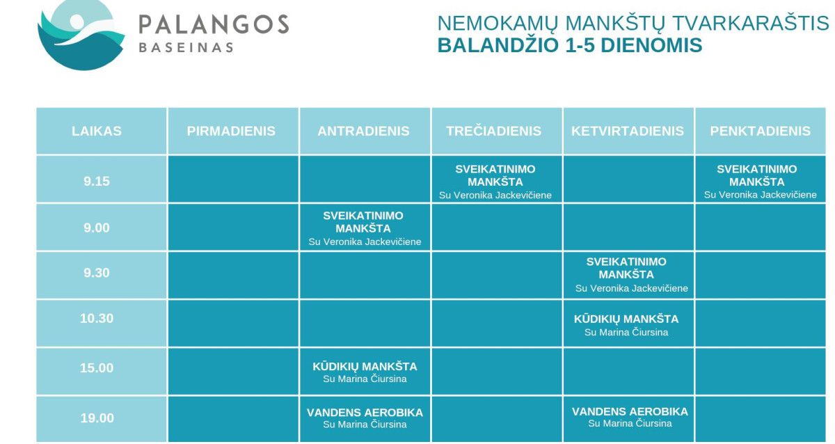 Nemokamų mankštų tvarkaraštis