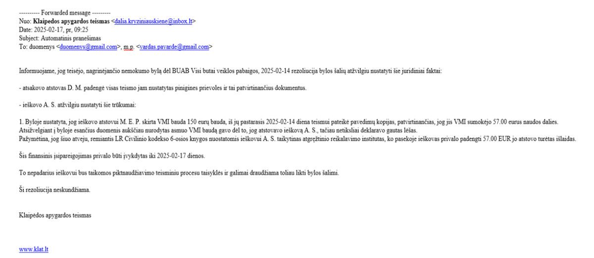 Klaipėdos apygardos teismas perspėja gyventojus apie siunčiamus melagingus elektroninius laiškus