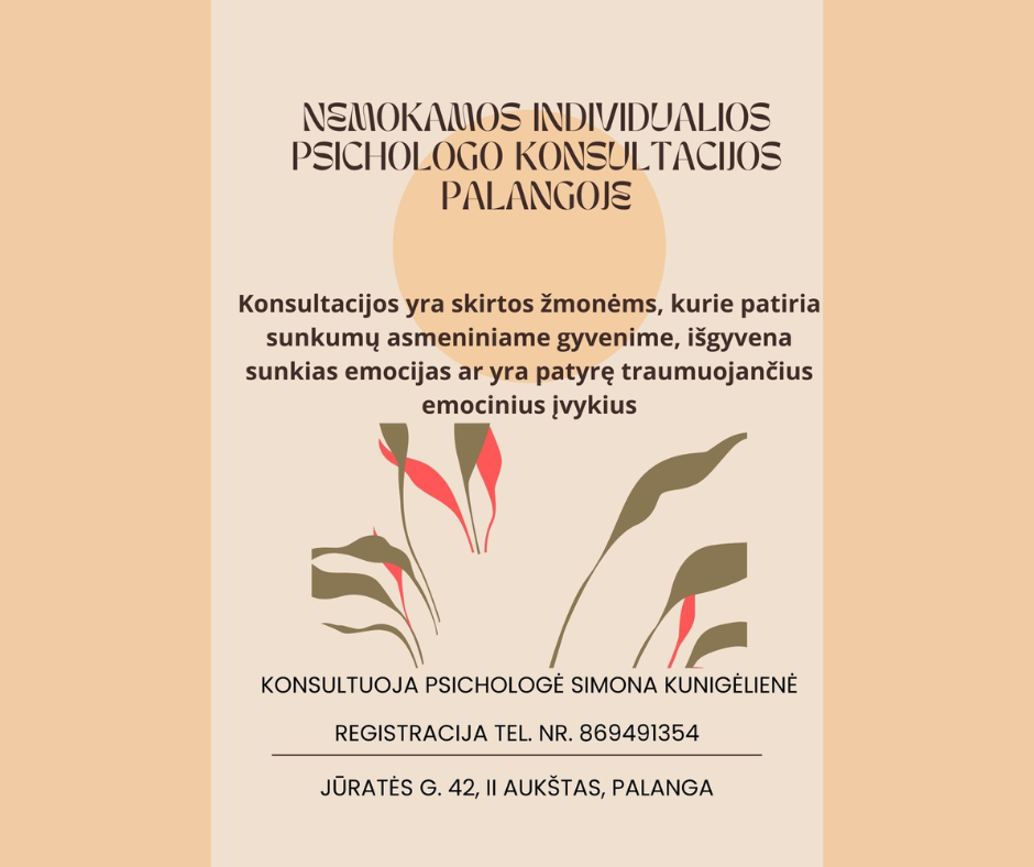 Pasinaudokite galimybe pasinaudoti individualiomis psichologo konsultacijomis asmenims nuo 16 m. amžiaus lietuvių bei rusų kalbomis