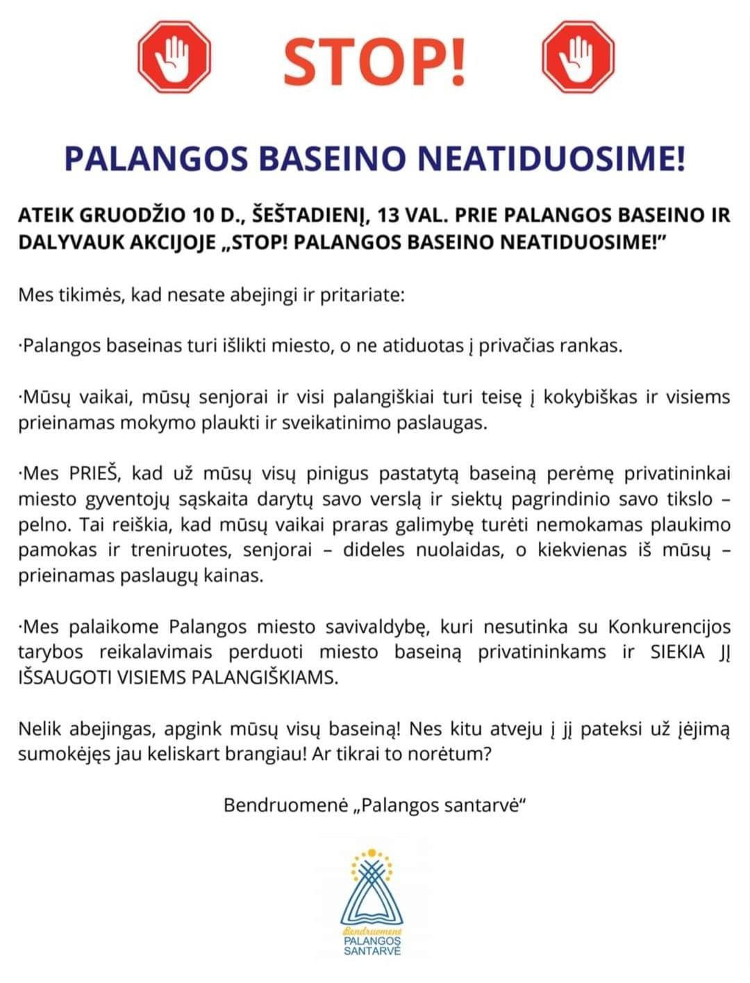 Palangiškiai kviečiami rytoj, gruodžio 10 dieną, dalyvauti akcijoje prie baseino: "Stop! Palangos baseino neatiduosime"