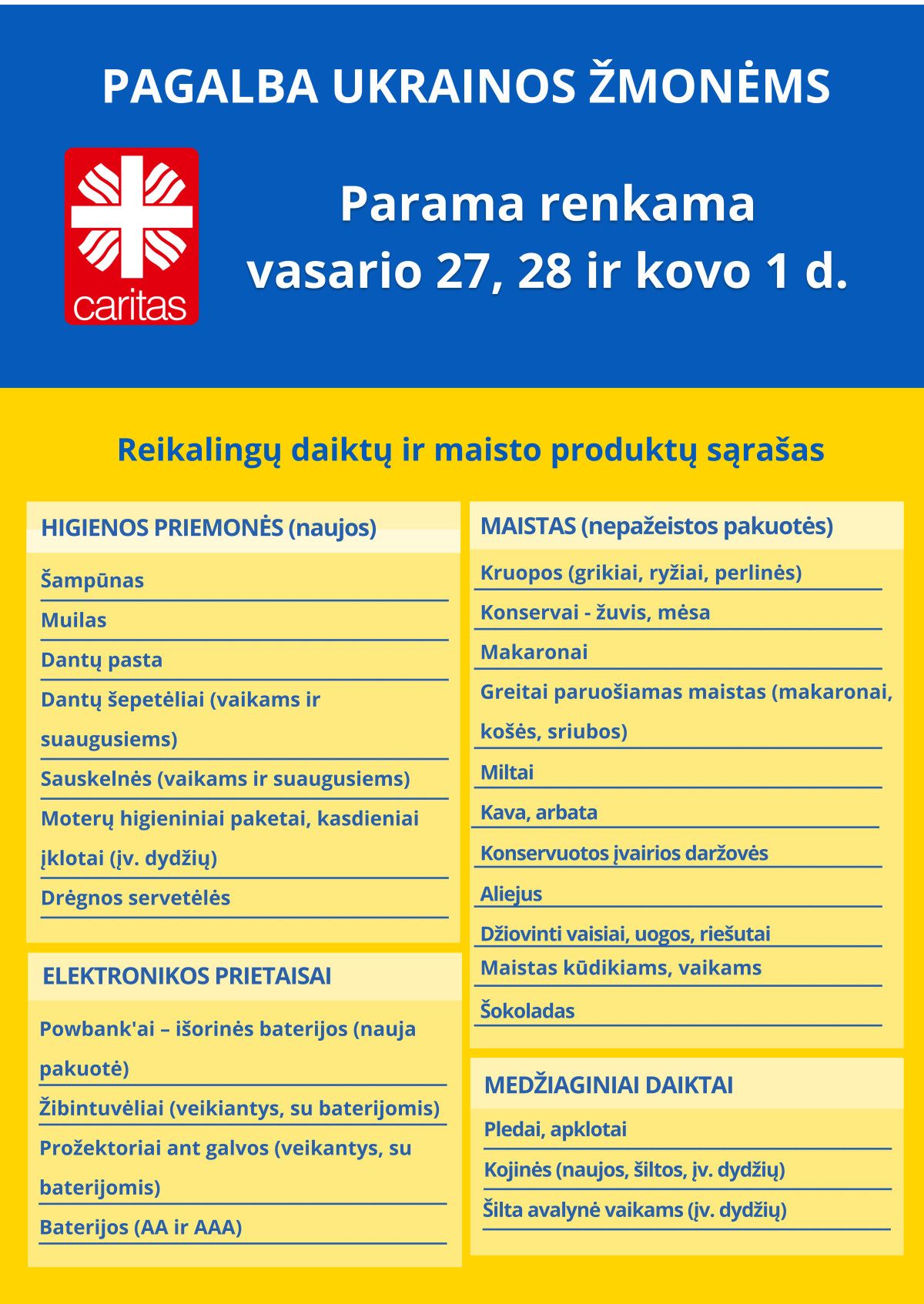 Startuoja 5-oji Caritas paramos Ukrainai akcija: 3 dienas 30 savivaldybių rinks daiktus ir maistą
