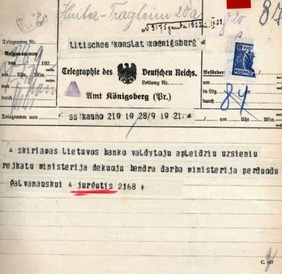 V. Jurgučio telegrama, kuria jis praneša apie jo paskyrimą Lietuvos banko valdytoju 1922 rugsėjo 28 d.