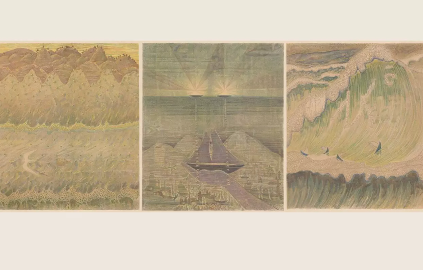 © 1908 m. Palangoje sukurtas triptikas „Jūros sonata“: Allegro, Andante ir Finale. Įkvėpimo šiam darbui M. K.Čiurlionis sėmėsi nardydamas Baltijos jūroje ir stebėdamas povandeninį pasaulį. Iš knygos „M. K. Čiurlionis“ (Kaunas, 1938 m.).