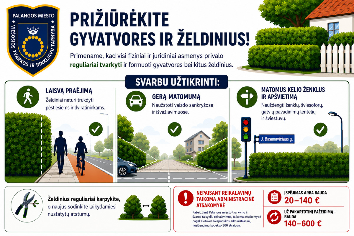 Gyvatvorės bei kiti sklype esantys želdiniai privalo būti tinkamai formuojami ir prižiūrimi