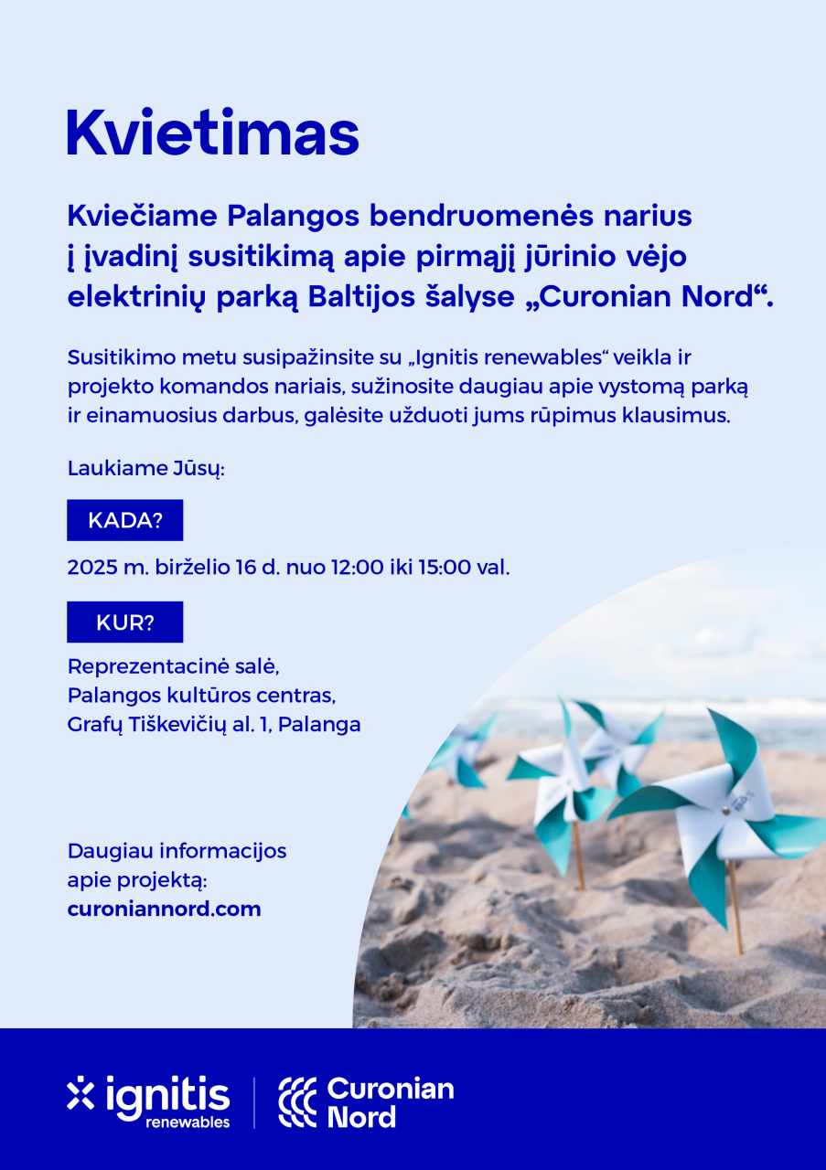 Palangos bendruomenės nariai kviečiami į įvadinį susitikimą apie pirmąjį jūrinio vėjo elektrinių parką Baltijos šalyse „Curonian Nord“