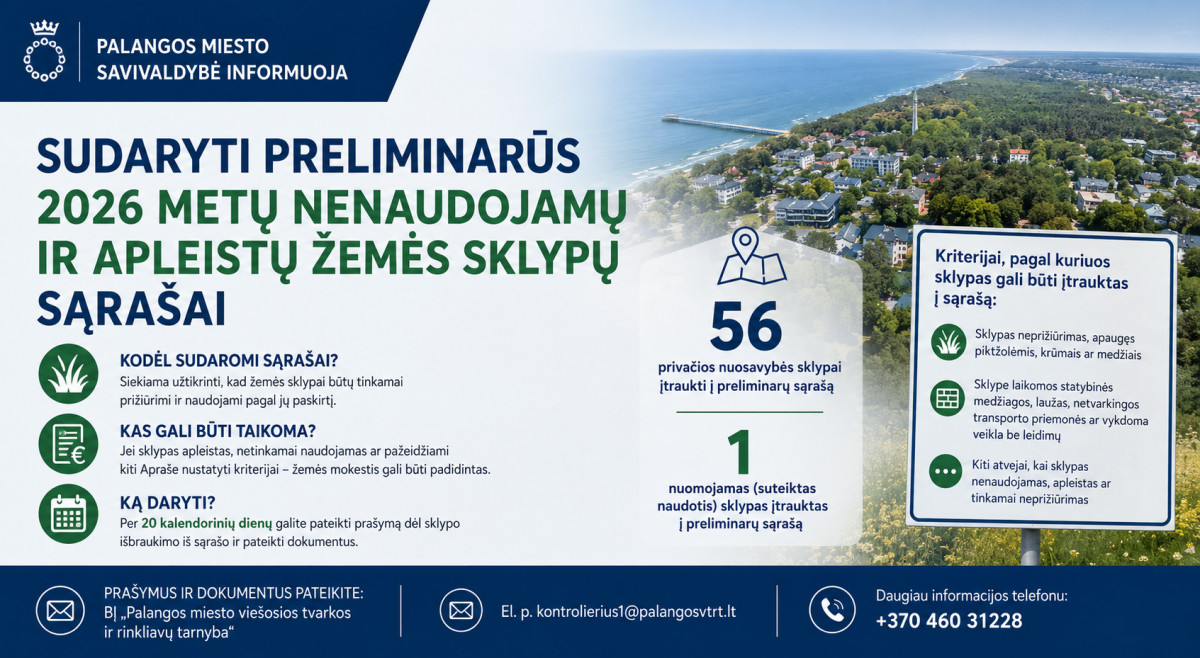 Palangos savivaldybė paskelbė preliminarius 2026 metų nenaudojamų ir apleistų žemės sklypų sąrašus