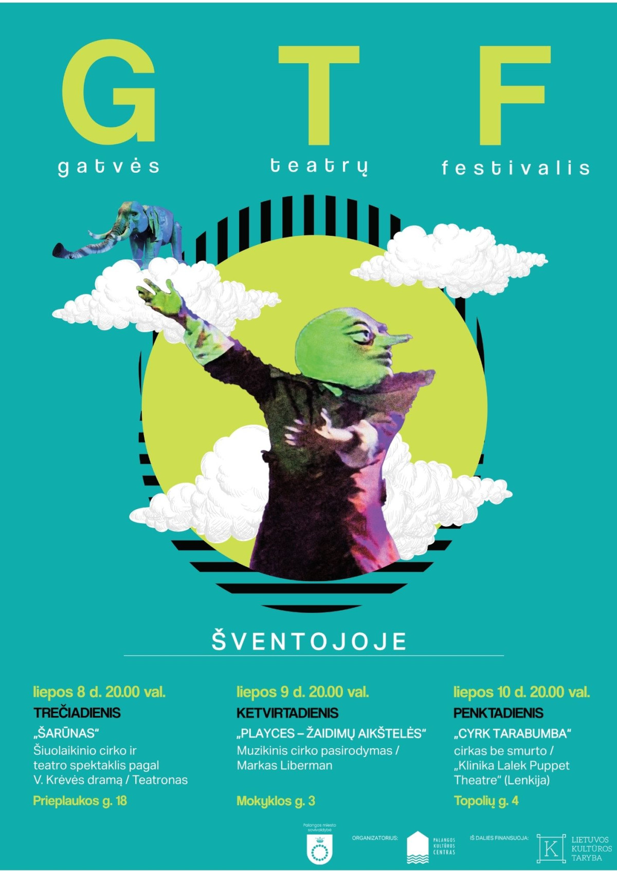 Gatvės teatras su milžinišku batutu ir skraidančiais drambliais