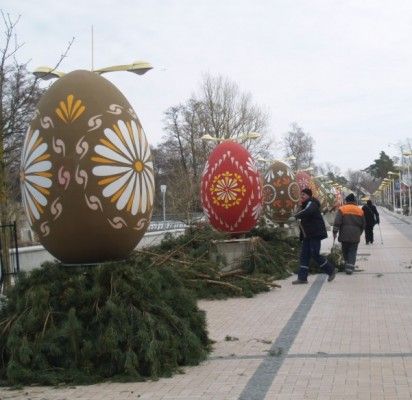 Trečiadienį baigta pušų šakomis papuošti įspūdingųjų margučių postamentus.