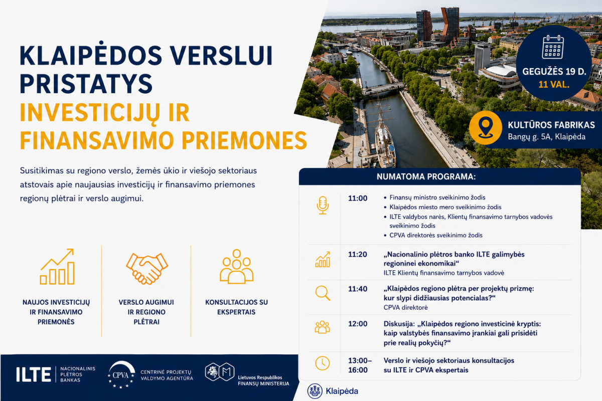 Klaipėdoje pristatys finansavimo priemones verslo ir regiono plėtrai