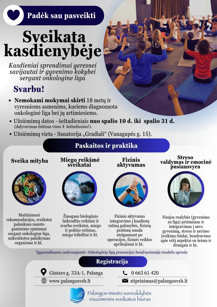 Sergančius onkologine liga ir jų artimuosius kviečiame į nemokamus mokymus „Sveikata kasdienybėje“