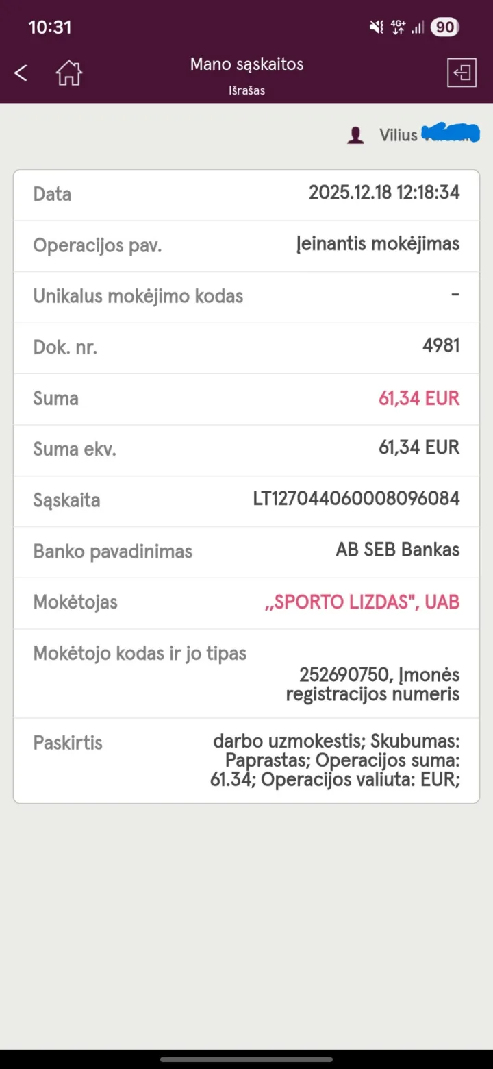 18-etis Vilius Palangos verslininkę-politikę Martyną Miklovienę kaltina jį nelegaliai įdarbinus ir nesumokėjus atlyginimo, 20 eurų ji jam pervedė Kalėdų dieną iš savo sąskaitos (SMS foto kopijos, bankinių pavedimų kopijos). PAPILDYTAS rugpjūčio 20 d. – nuotrauka 1