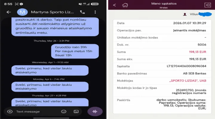 Foto montažas iš Viliaus V. redakcijai atsiųstų SMS ir bankinio pavedimo fiksacijų