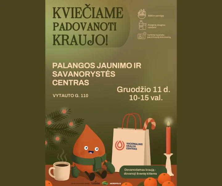 Gruodžio 11 d. Palangos jaunimo ir savanorystės centre kraujo donorystės akcija