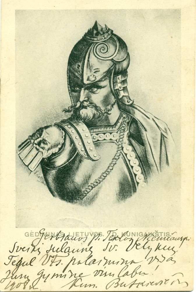 Užrašas po atviruku: „Gediminas Lietuvos D. Kunigaikštis.