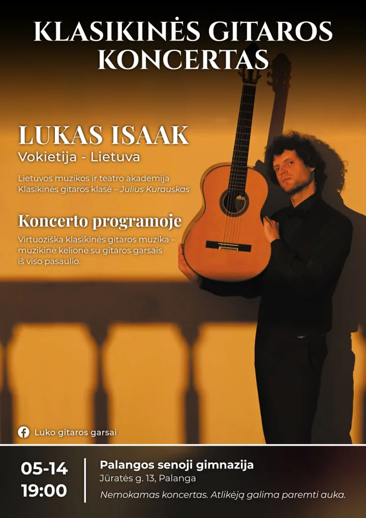 Gitaristas Lukas Isaak kviečia į nemokamą koncertą Palangos senojoje gimnazijoje