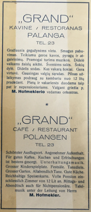 Kavinės „Grand“ reklama iš leidinio „Palangos jūros maudyklės. Lietuvos gydymo ir poilsio vasaros kurortas“. 1929 m.
