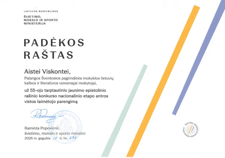 Šventosios pagrindinės mokyklos aštuntokė Amelija - tarptautinio epistolinio rašinio konkurse iškovojo svarius laimėjimus – nuotrauka 1
