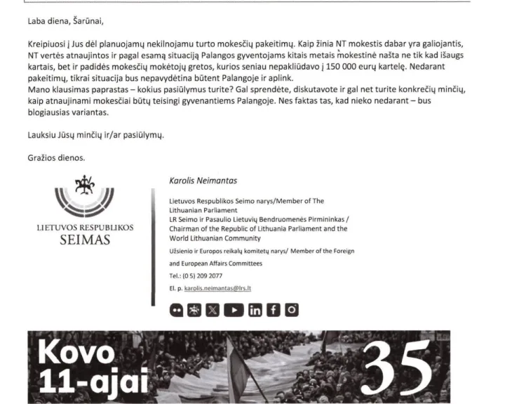 Palangos meras teikia tris pasiūlymus dėl NT mokesčio. Kokia dėl jų yra Seimo nario Karolio Neimanto, atstovaujančio Palangą, pozicija?