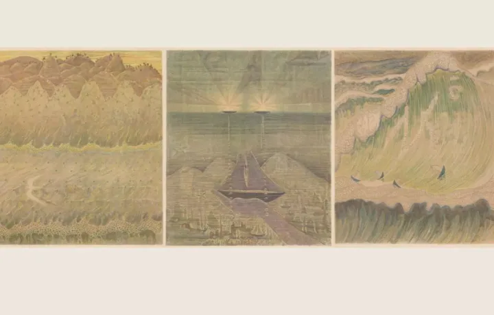 © 1908 m. Palangoje sukurtas triptikas „Jūros sonata“: Allegro, Andante ir Finale. Įkvėpimo šiam darbui M. K.Čiurlionis sėmėsi nardydamas Baltijos jūroje ir stebėdamas povandeninį pasaulį. Iš knygos „M. K. Čiurlionis“ (Kaunas, 1938 m.).