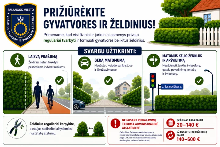 Gyvatvorės bei kiti sklype esantys želdiniai privalo būti tinkamai formuojami ir prižiūrimi