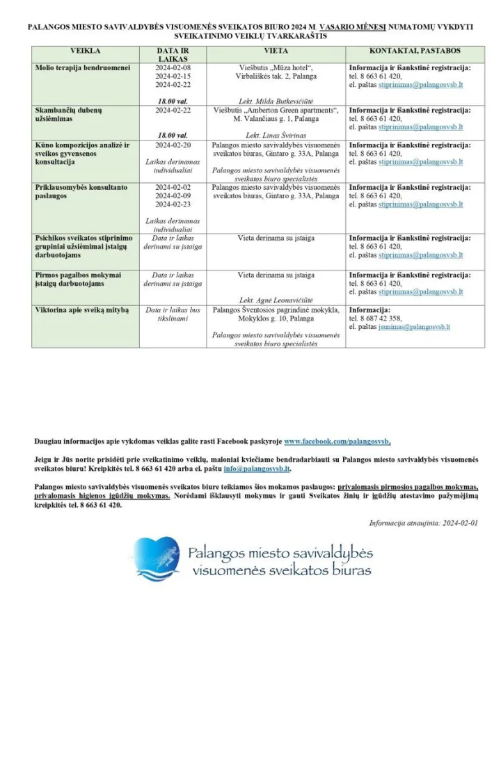 Kviečiame į Palangos miesto savivaldybės visuomenės sveikatos biuro organizuojamas nemokamas sveikatinimo veiklas vasario mėnesį – nuotrauka 1
