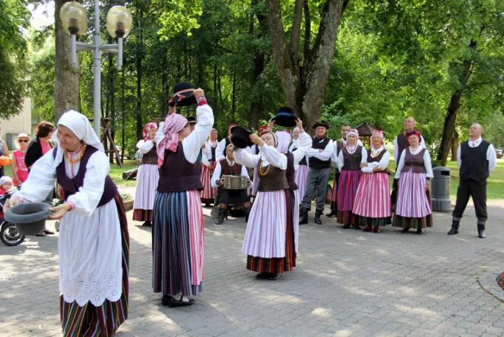 25-ąjį gimtadienį švenčiantis ansamblis „Mėguva“ 20-ojoje jubiliejinėje tarptautinėje Dainavos krašto folkloro šventėje Druskininkuose šoka ir dainuoja šio kurorto gyventojams bei svečiams. /  „Mėguvos“ nuotr.